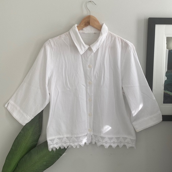 🌿3 for $25🌿 Cotton Embroidered Trip Button Up 3/4 Sleeve Cropped Shirt - Picture 1 of 7